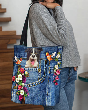 Border collie-Cardinal & Cross Flower Cloth Tote Bag