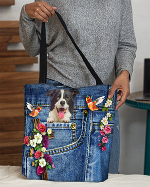 Border collie-Cardinal & Cross Flower Cloth Tote Bag