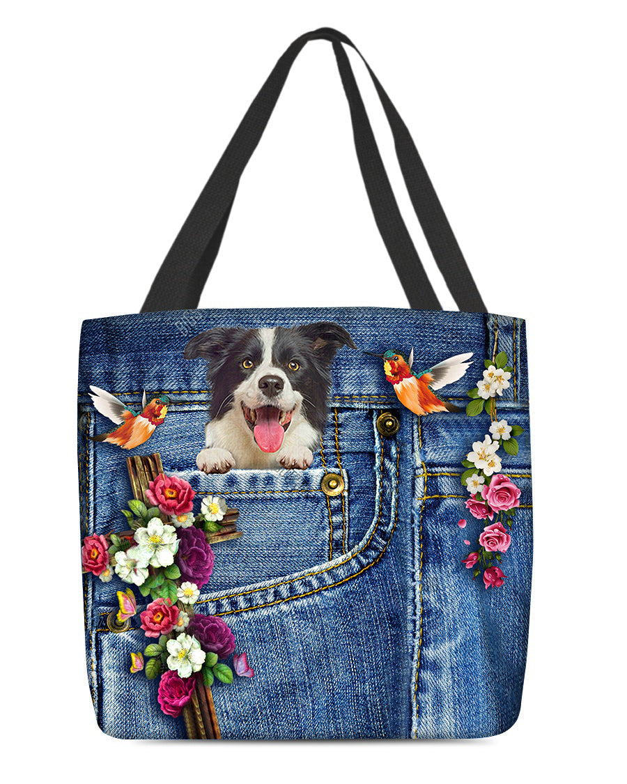 Border collie-Cardinal & Cross Flower Cloth Tote Bag