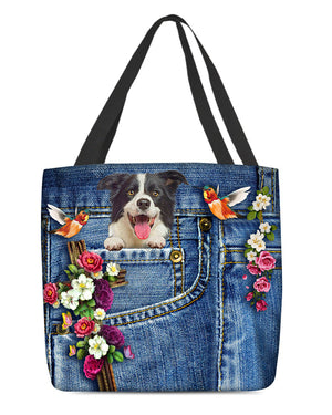 Border collie-Cardinal & Cross Flower Cloth Tote Bag