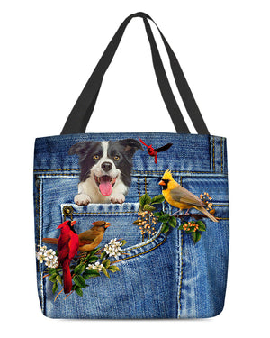 Border Collie-Cardinal & Dog Cloth Tote Bag