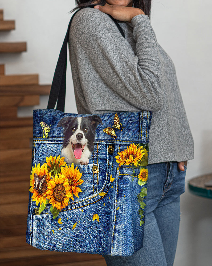 Border collie-Sunflowers & Butterflies Cloth Tote Bag