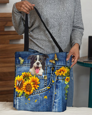 Border collie-Sunflowers & Butterflies Cloth Tote Bag