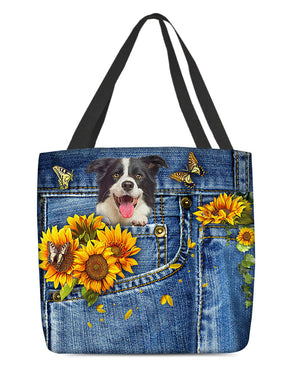 Border collie-Sunflowers & Butterflies Cloth Tote Bag