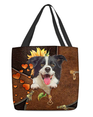 Border collie-Sunflower&zipper Cloth Tote Bag