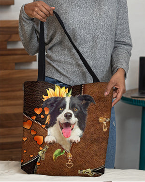 Border collie-Sunflower&zipper Cloth Tote Bag