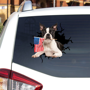 Bosten Terrier 2 And American Flag Independent Day Car Sticker Decal