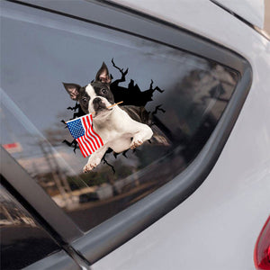 Bosten Terrier 2 And American Flag Independent Day Car Sticker Decal