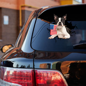 Bosten Terrier 2 And American Flag Independent Day Car Sticker Decal