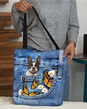 Boston-terrier-Butterfly Daisies Fait-CLOTH TOTE BAG