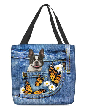 Boston-terrier-Butterfly Daisies Fait-CLOTH TOTE BAG