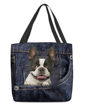 Boston Terrier-Dark Denim-Cloth Tote Bag