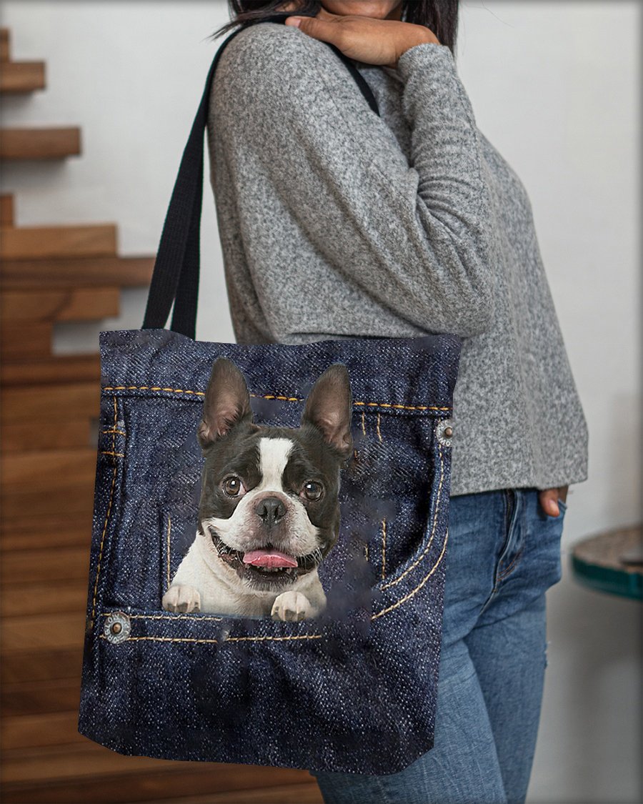 Boston Terrier-Dark Denim-Cloth Tote Bag