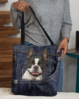 Boston Terrier-Dark Denim-Cloth Tote Bag