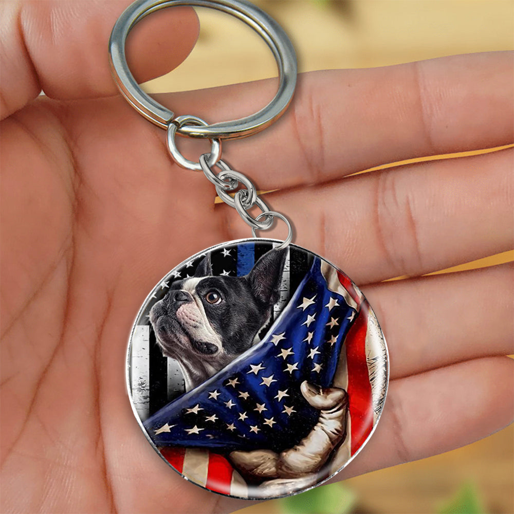 Boston Terrier-Inside American Flag Independence Day Round Resin Epoxy Metal Keychain