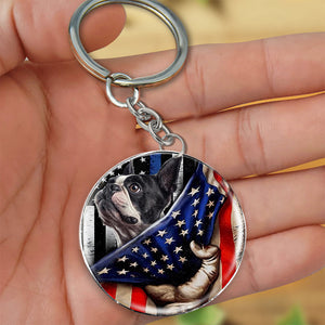 Boston Terrier-Inside American Flag Independence Day Round Resin Epoxy Metal Keychain