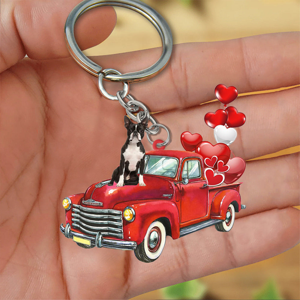 Boston Terrier-Red Sports Car flat Acrylic Keychain