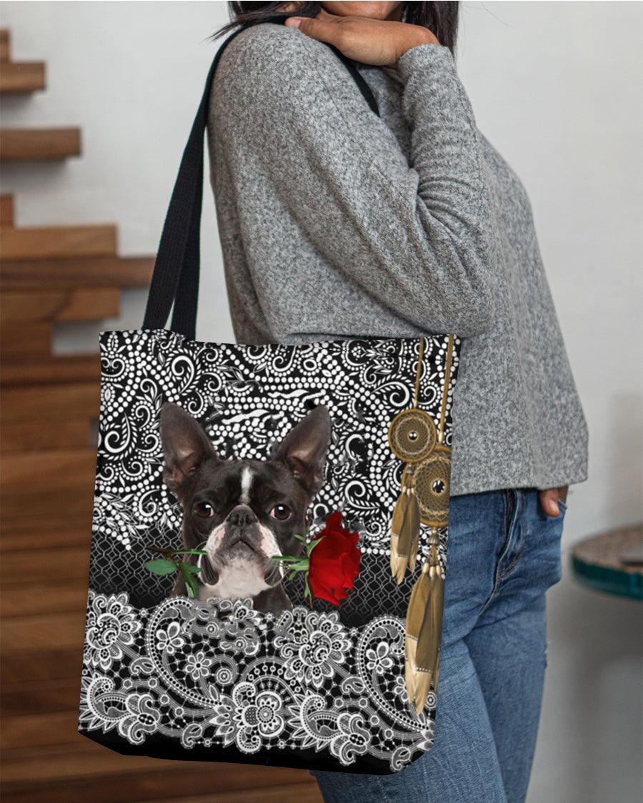 Boston Terrier-Rose Cloth Tote Bag