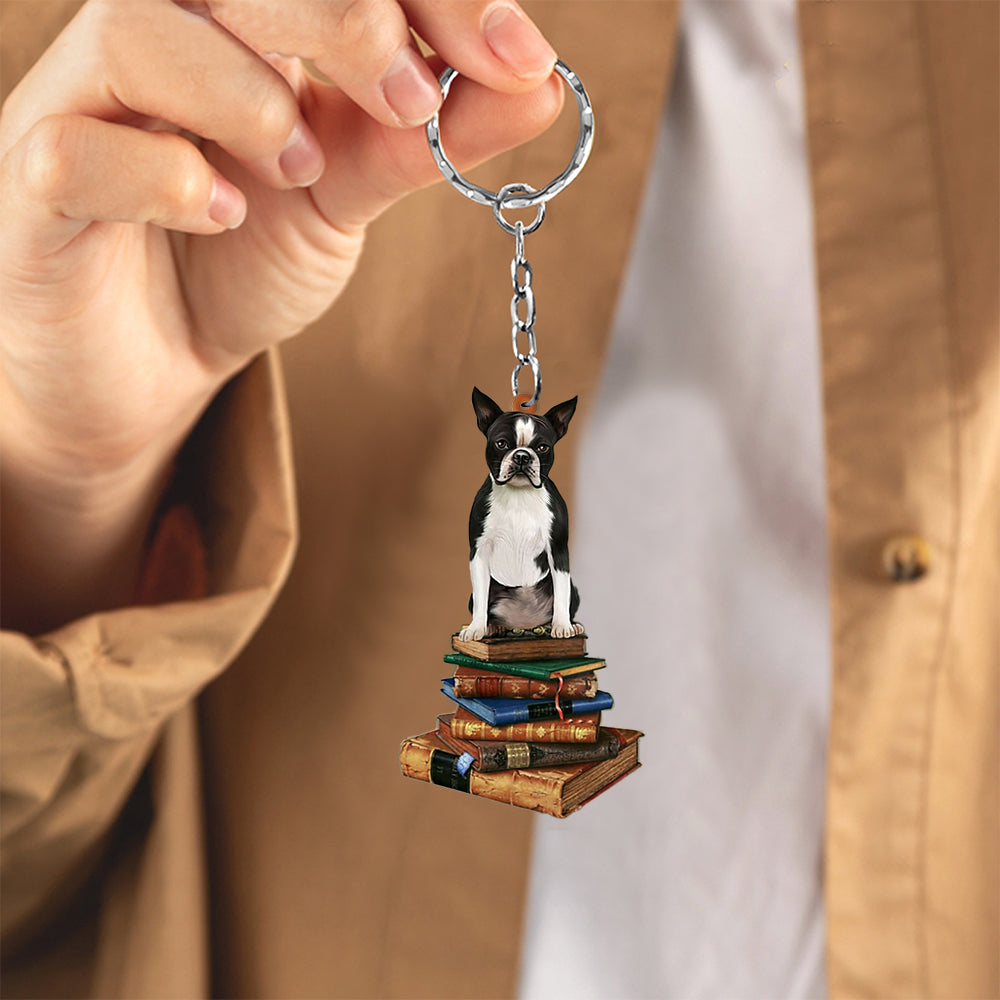 Boston Terrier-Sit On The Book-Flat Acrylic Keychain