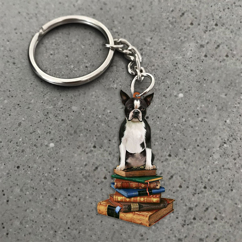 Boston Terrier-Sit On The Book-Flat Acrylic Keychain