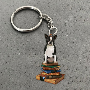 Boston Terrier-Sit On The Book-Flat Acrylic Keychain