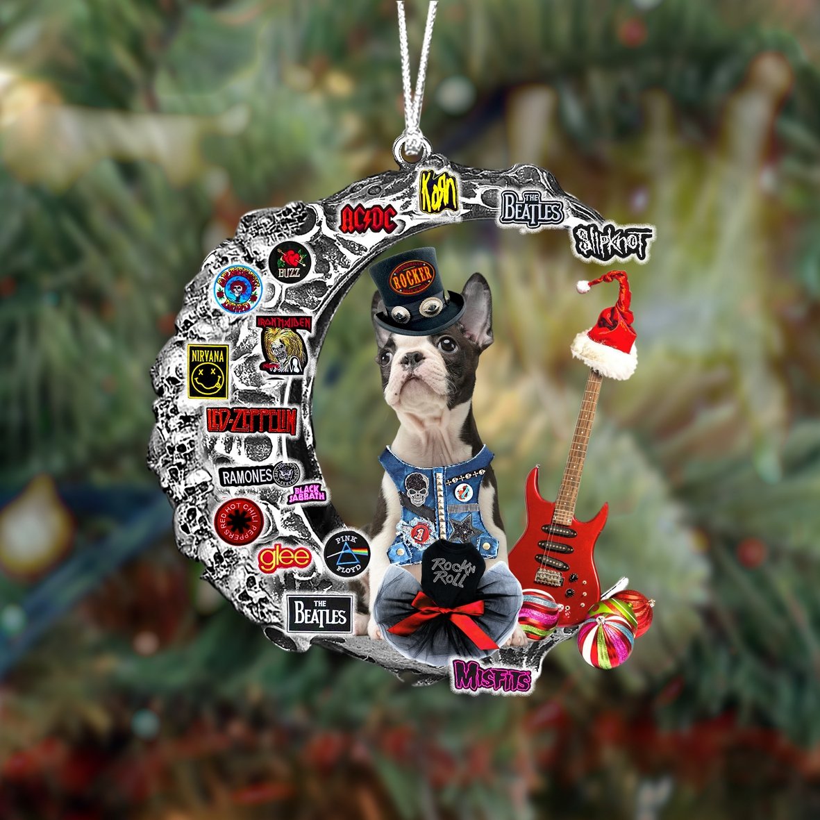 Boston Terrier3-Metal Rock in Christmas Two Sided Ornament