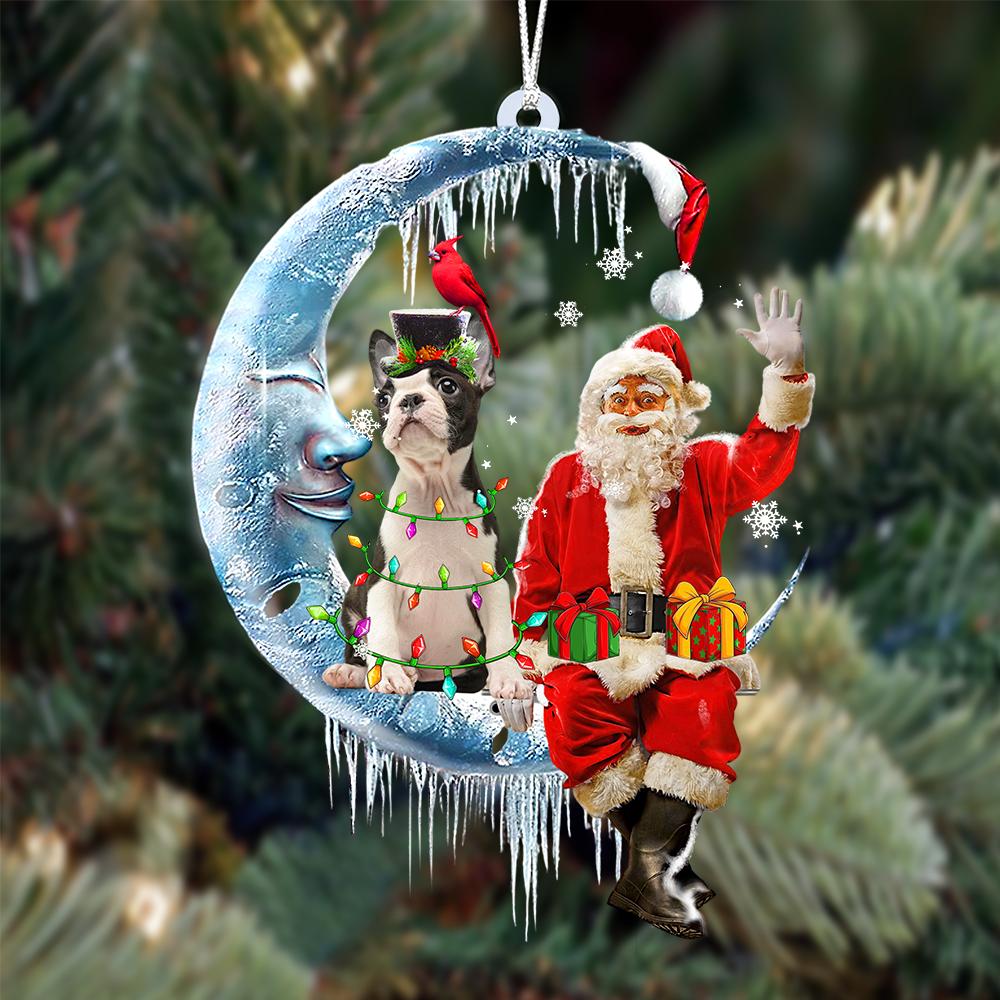 Boston Terrier3-Santa Claus And Moon Two Sided Ornament