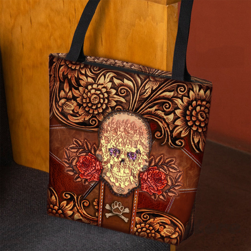 Boston Terrier Skull Flower Cloth Tote Bag