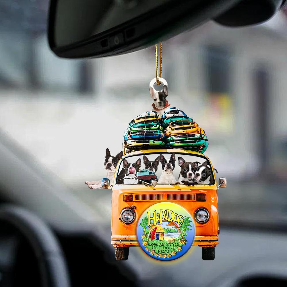 Boston terrier-Orange Hippie Van-Two Sided Ornament