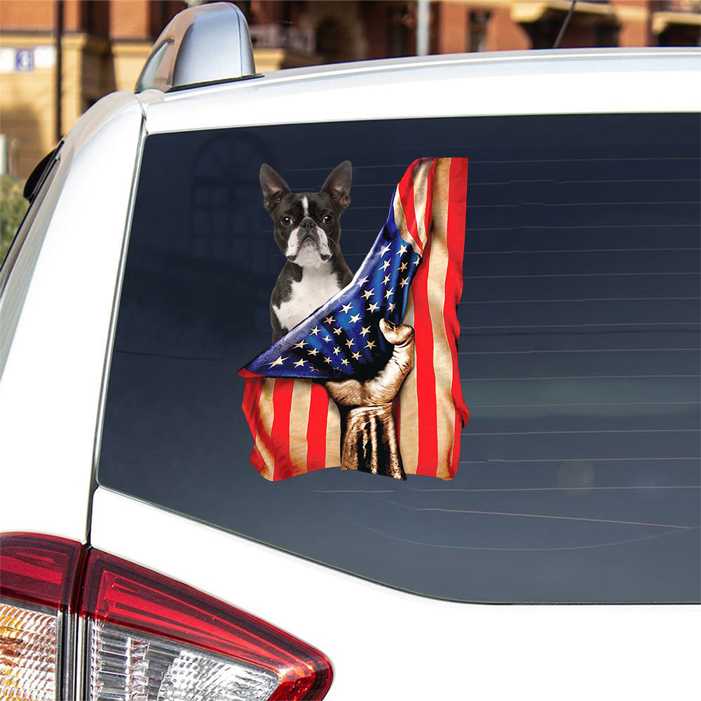 Boston terrier-American Flag Front Car Sticker