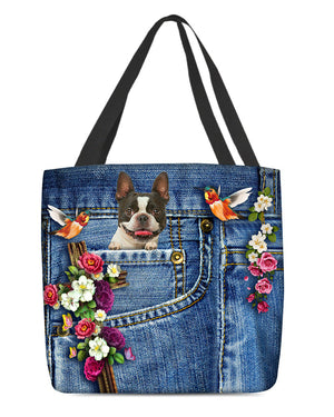 Boston Terrier-Cardinal & Cross Flower Cloth Tote Bag