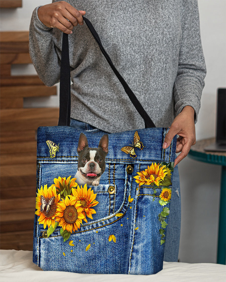 Boston Terrier-Sunflowers & Butterflies Cloth Tote Bag