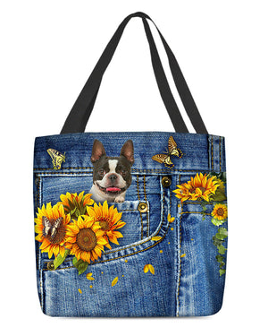 Boston Terrier-Sunflowers & Butterflies Cloth Tote Bag