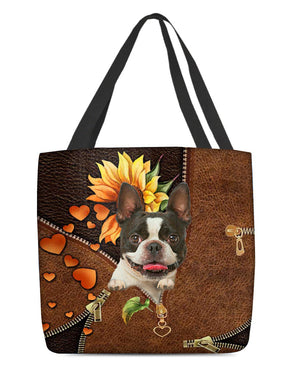 Boston terrier-Sunflower&zipper Cloth Tote Bag