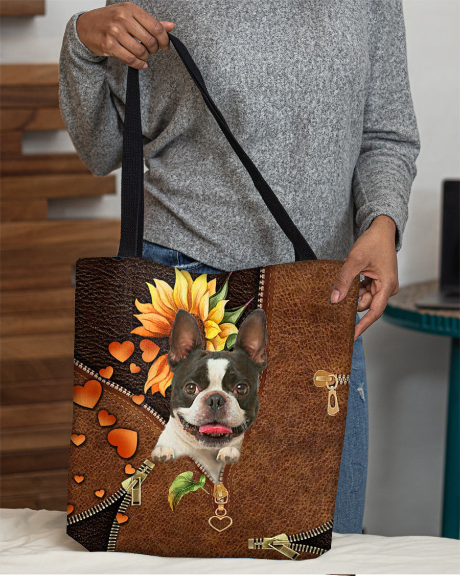 Boston terrier-Sunflower&zipper Cloth Tote Bag