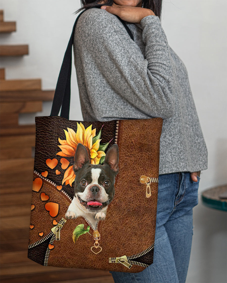 Boston terrier-Sunflower&zipper Cloth Tote Bag