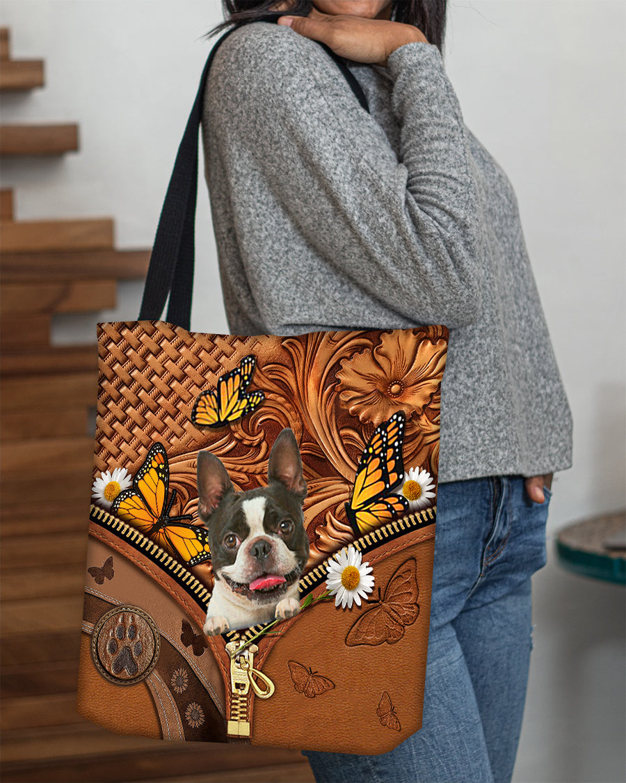 Boston terrier Butterfly Daisy Cloth Tote Bag