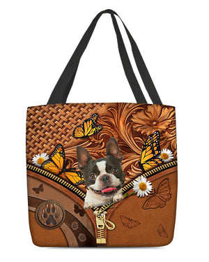 Boston terrier Butterfly Daisy Cloth Tote Bag