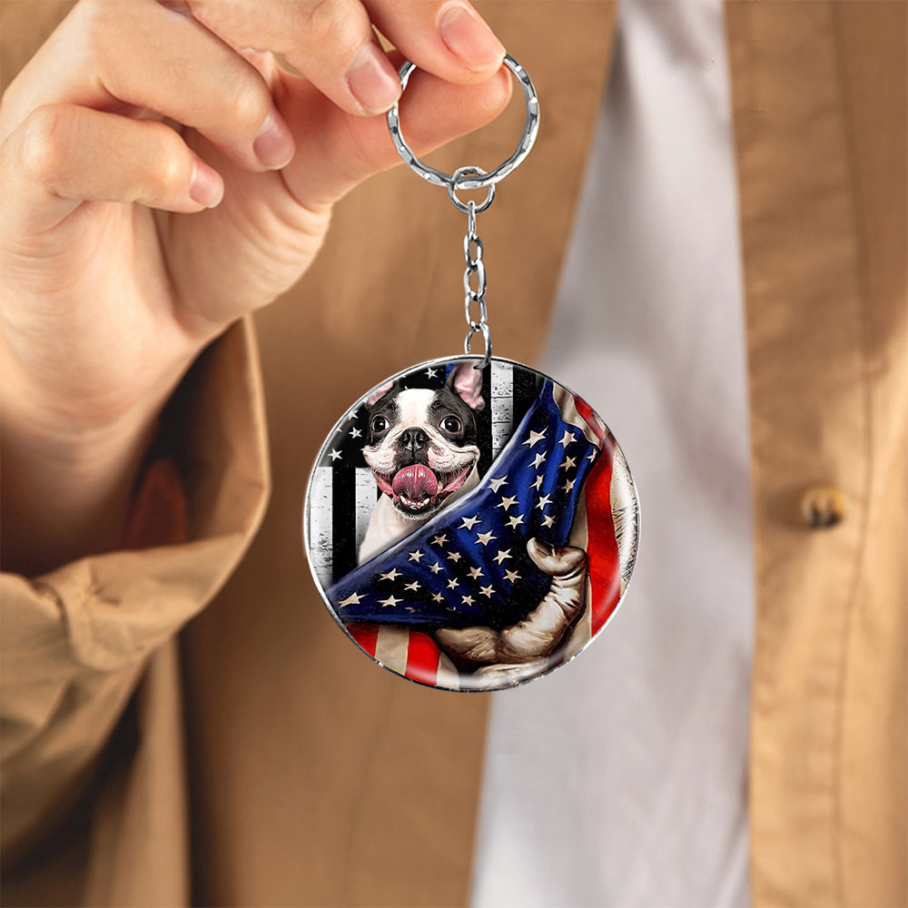 Boston terrier (16)-Inside American Flag Independence Day Round Resin Epoxy Metal Keychain