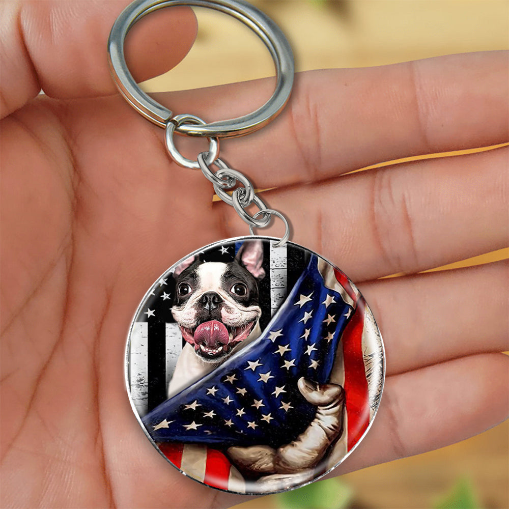 Boston terrier (16)-Inside American Flag Independence Day Round Resin Epoxy Metal Keychain