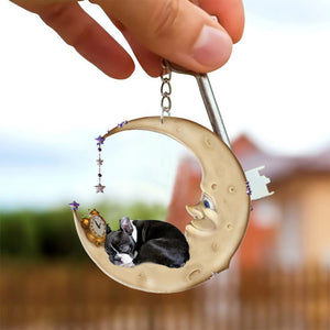 Boston terrier-Sleeping on the moon Keychain