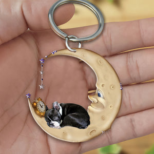 Boston terrier-Sleeping on the moon Keychain