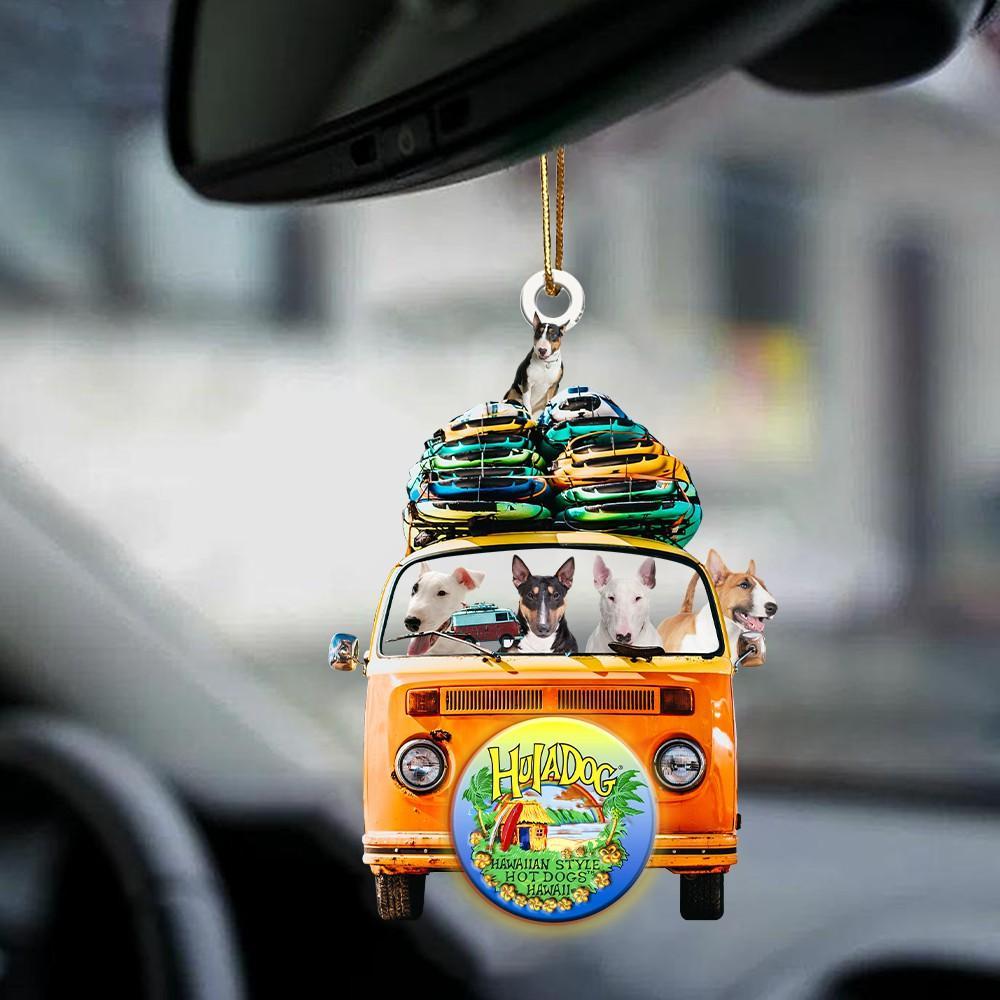 Bull Terrier-Orange Hippie Van-Two Sided Ornament