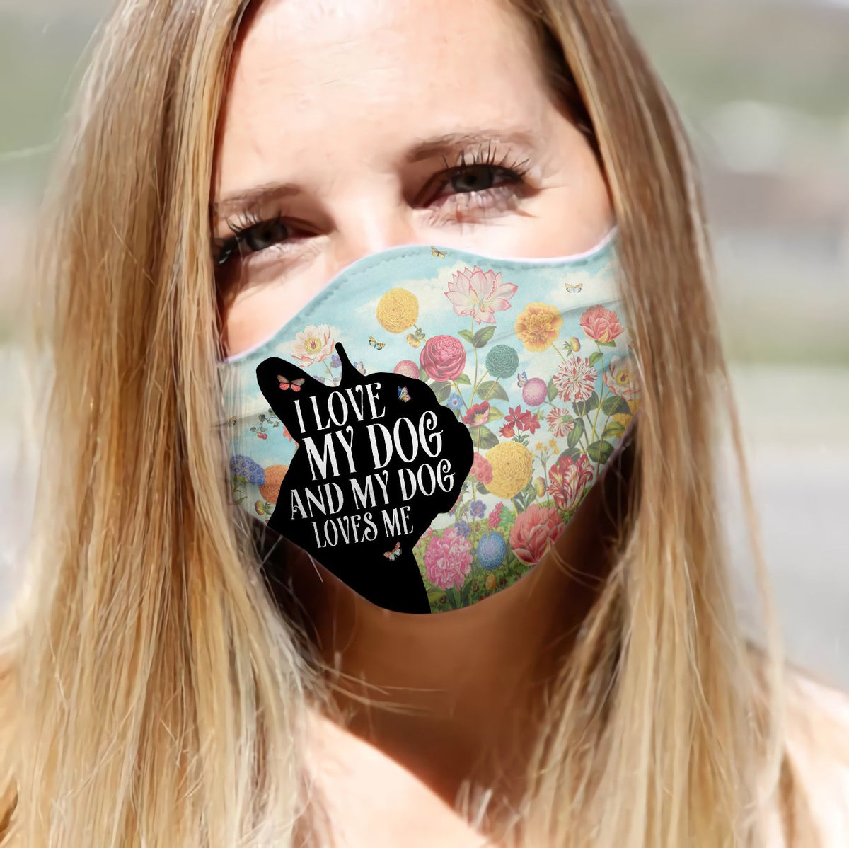 Bulldog Silhouette I Love My Dog Floral EZ02 0206 Face Mask