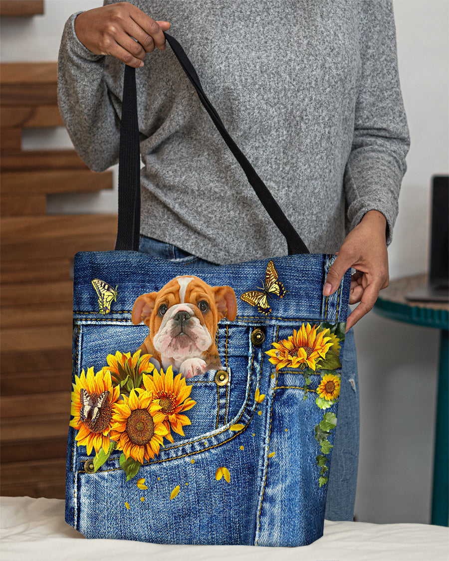 Bulldog-Sunflowers & Butterflies Cloth Tote Bag
