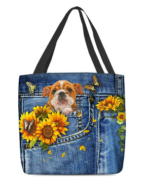 Bulldog-Sunflowers & Butterflies Cloth Tote Bag