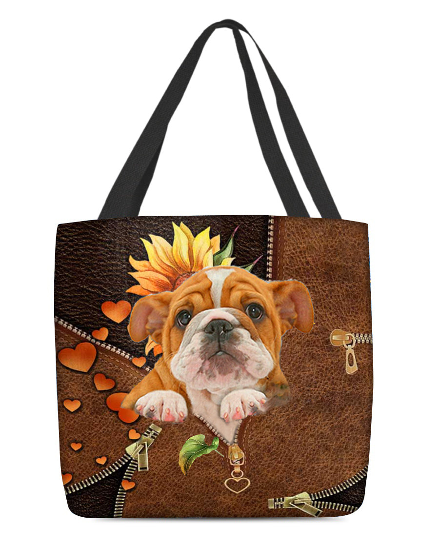 Bulldog-Sunflower&zipper Cloth Tote Bag