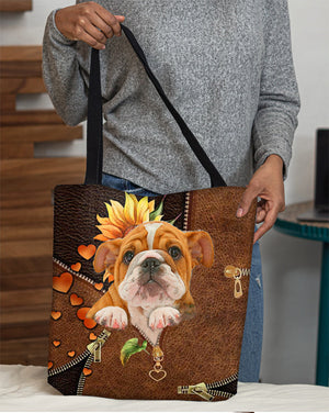 Bulldog-Sunflower&zipper Cloth Tote Bag