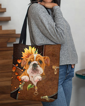 Bulldog-Sunflower&zipper Cloth Tote Bag