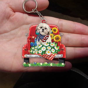 CREAM Shih Tzu-Red Truck Flat Acrylic Keychain